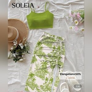 SHEIN Green and White Tropical Print Dress